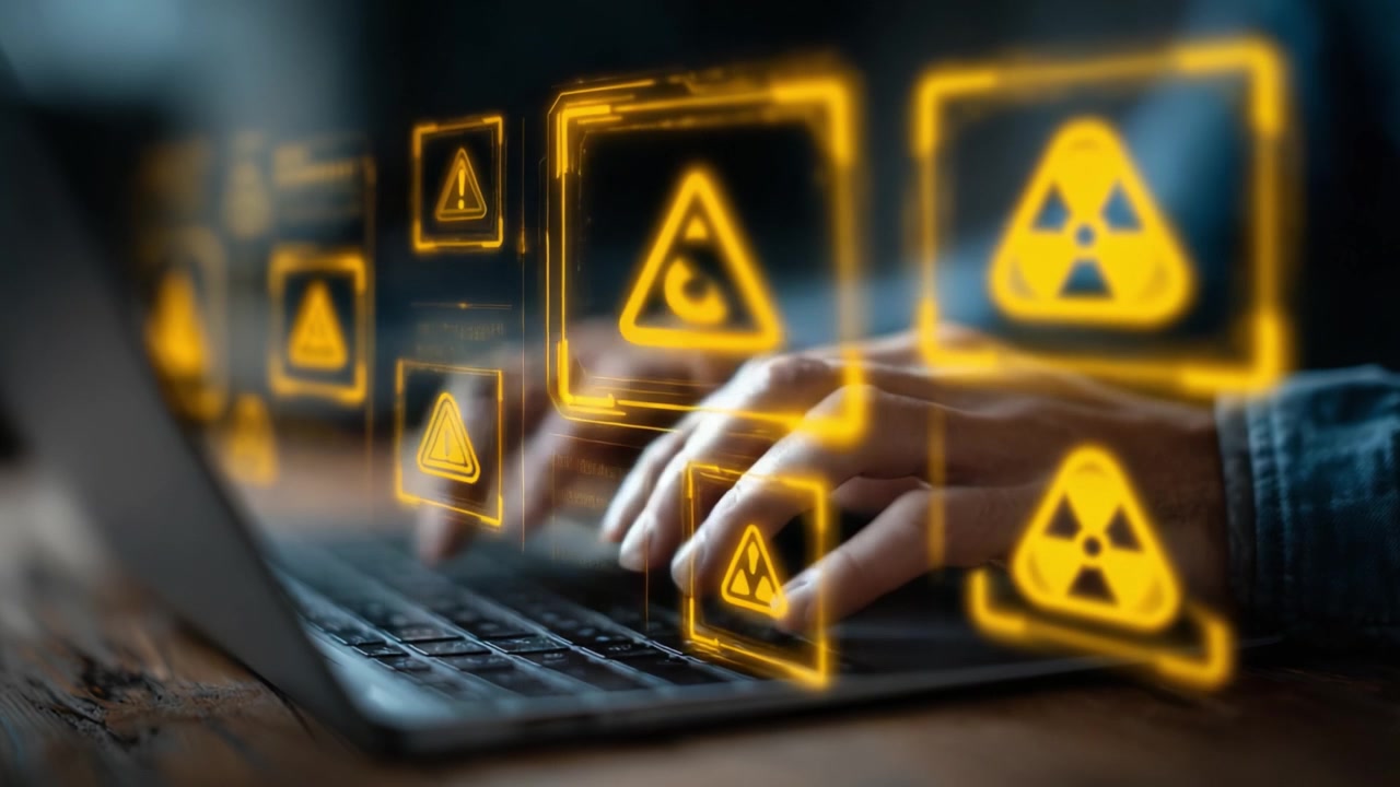 Digital Interaction with Hazard Icons: A Close-Up of Hands Typing on a Laptop Surrounded by Nuclear Warning Symbols, Emphasizing Caution and Safety in Technology Use