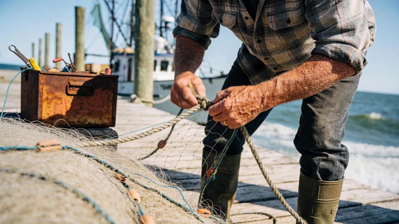 Inspecting net, fisherman threading rope, tightening knot on dock in plaid with tools preparing net