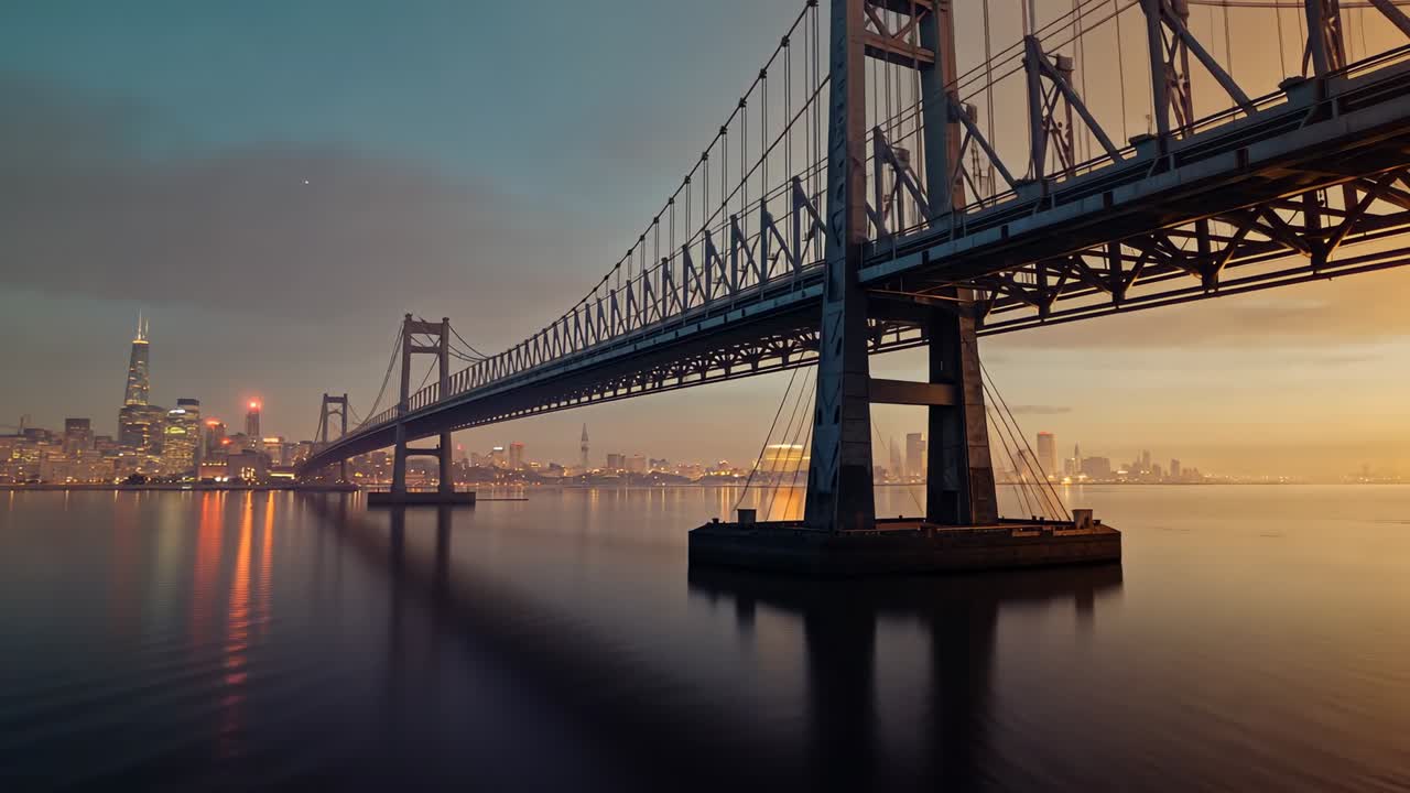Panning drone camera moving right and closing on bridge at bay, revealing tower and reflections