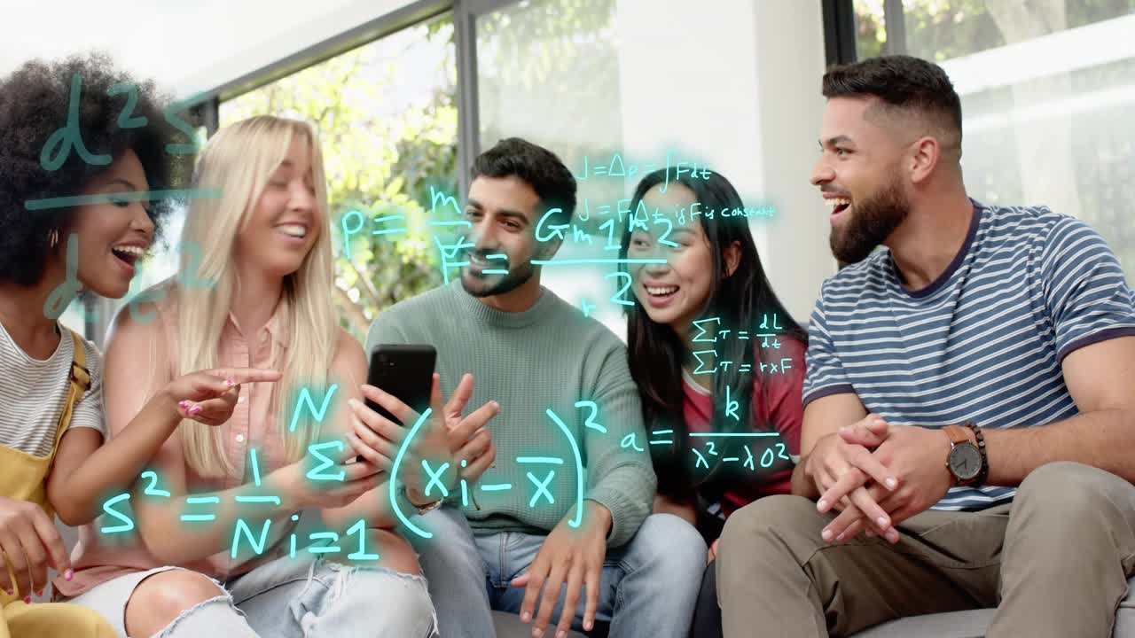 Friends on sofa watching woman turning phone, generating AR math overlay moving right to teach