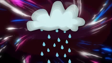 animation of cloud with rain over light trails on purple background