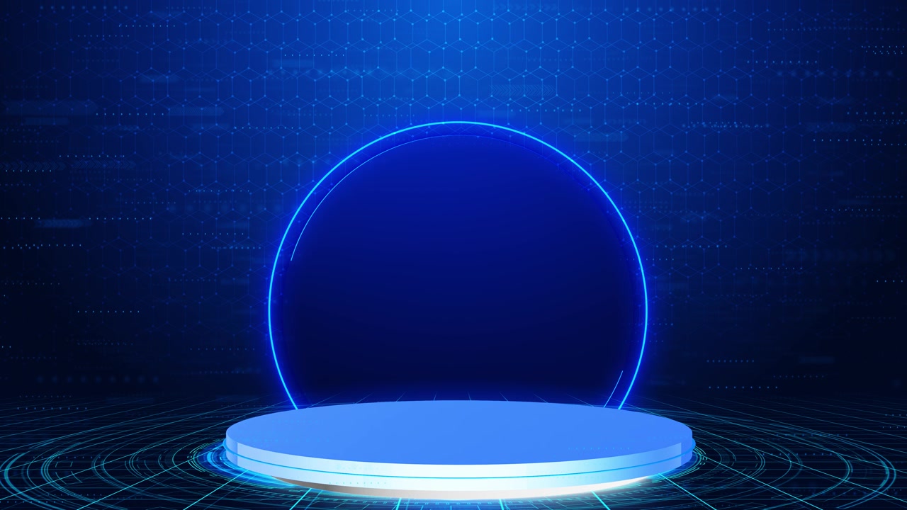 Virtuelt blåt podium, teknologisk scene, lysende cirkulær base, glødende ringportal, mørk sekskantet grænseflade.