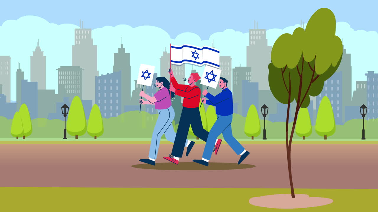 animación 4k 2d - manifestantes con banderas israelíes en apoyo de ese país y contra la guerra caminan por la ciudad