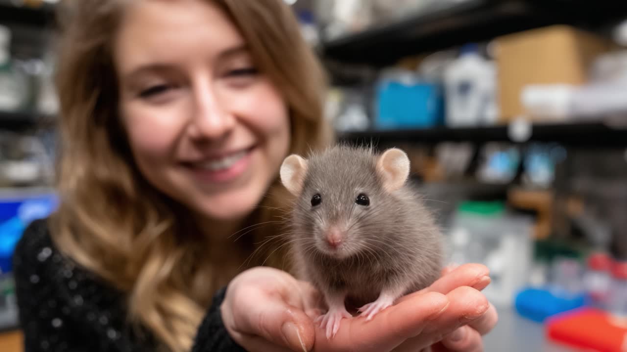 A Close-Up of a Gray Mouse Being Held by a Smiling Researcher in a Laboratory Setting, Showcasing the bond between Humans and Animals in Scientific Exploration