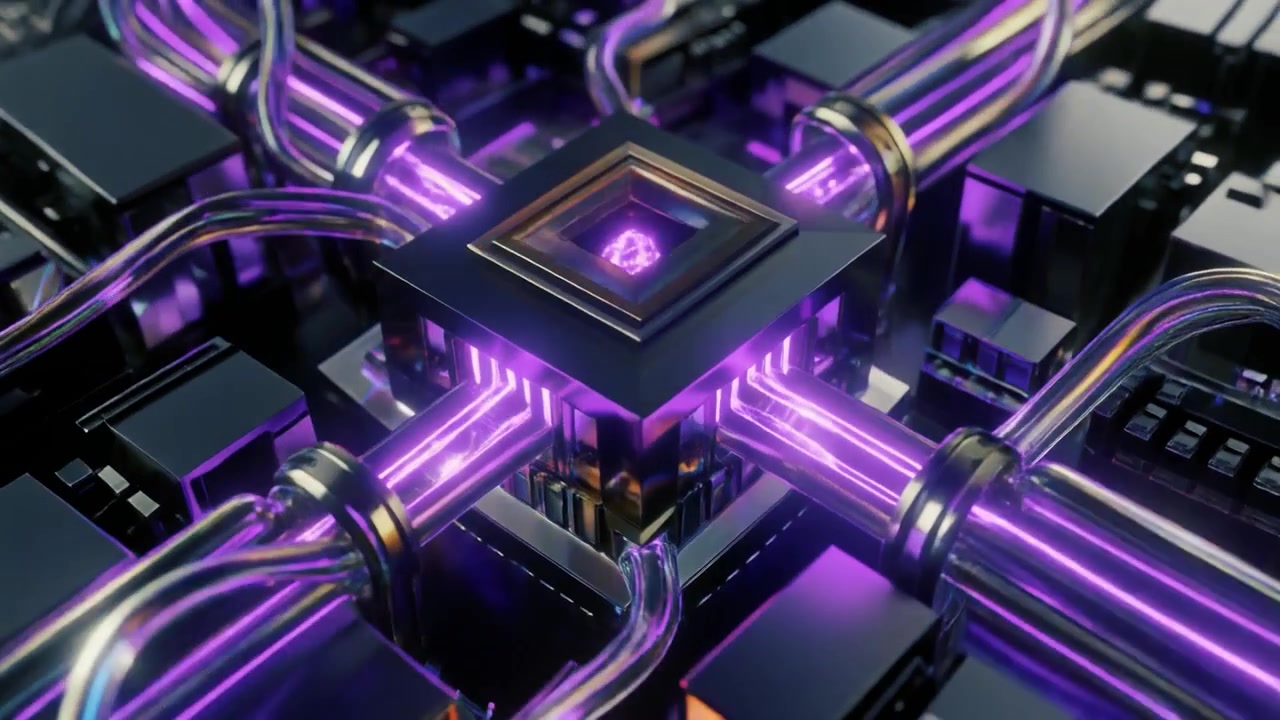 Futuristic Computer Processor Chip with Glowing Purple Data Flow