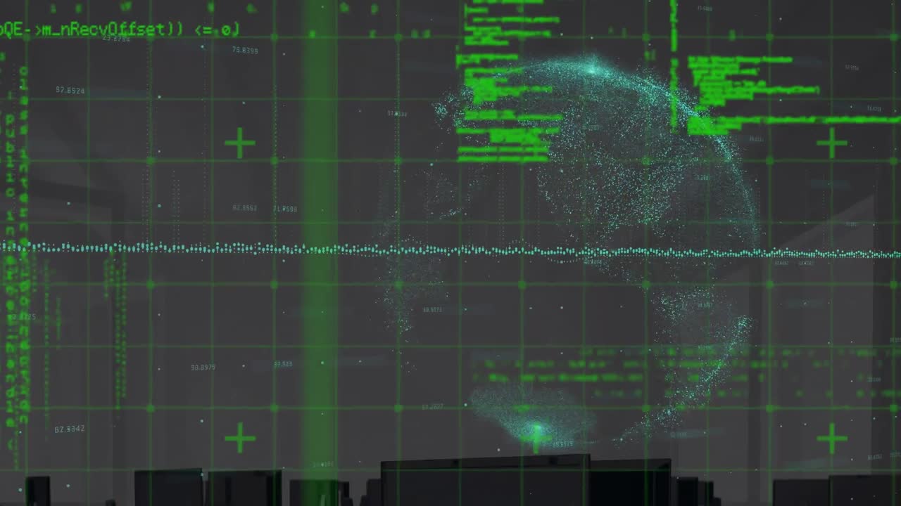 Animazione di elaborazione dati e ufficio sul globo