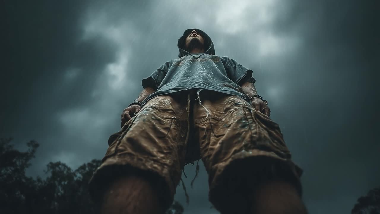 A solitary figure stands resolutely in the pouring rain, embracing the stormy atmosphere under an ominous sky, portraying resilience amidst nature's elements