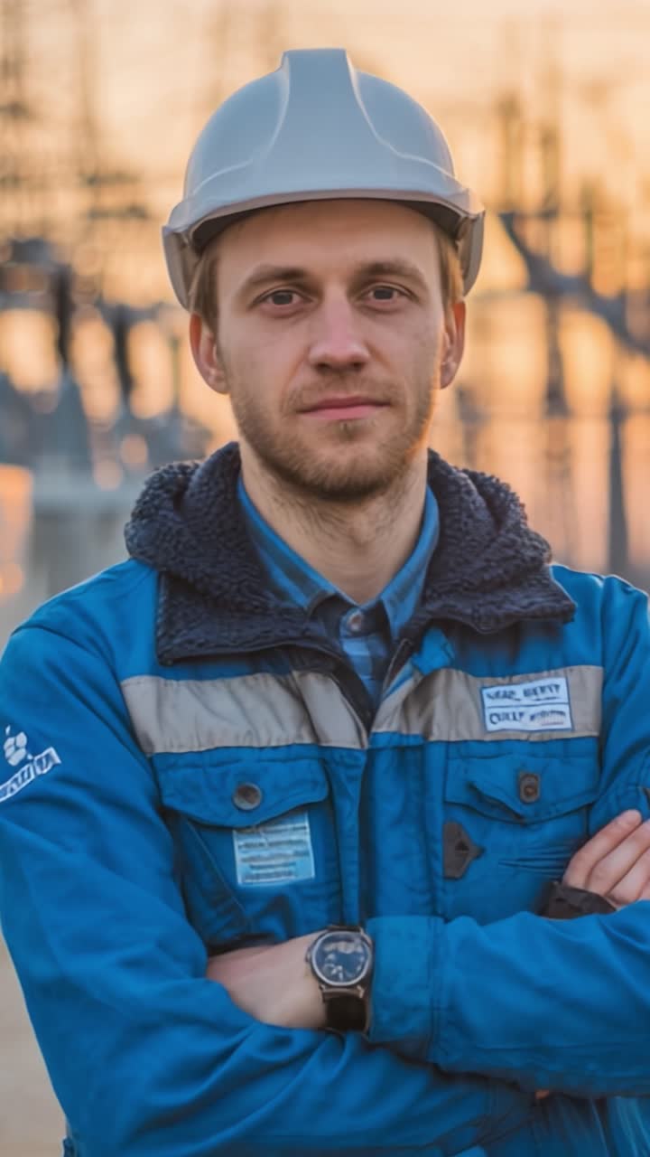 Elettricista fiducioso con equipaggiamento di sicurezza: un professionista esperto che supervisiona un impianto energetico durante un bellissimo tramonto.