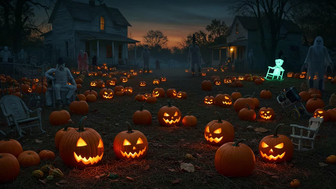 A Spooky Halloween Night with Glowing Jack-o'-Lanterns and Eerie Ghosts Wandering Through a Pumpkin Patch, Set Against a Hauntingly Beautiful Twilight Sky