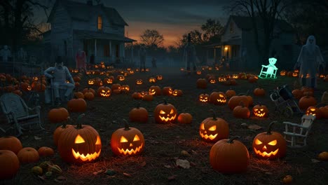 a spooky halloween night with glowing jack-o'-lanterns and eerie ghosts wandering through a pumpkin patch, set against a hauntingly beautiful twilight sky