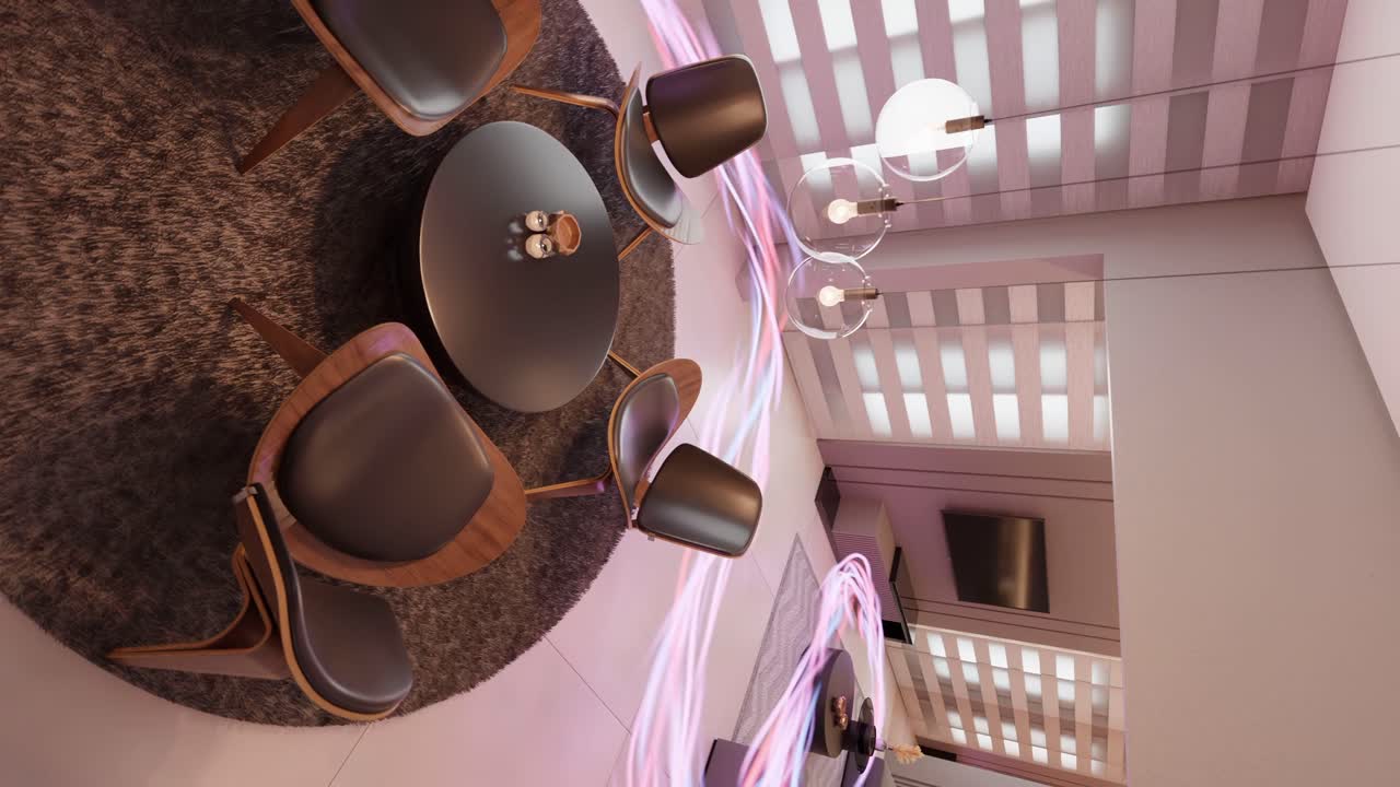 에너지 흐름을 가진 현대적인 수직 거실 아파트의 3d 렌더링 애니메이션