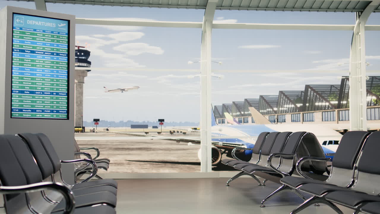 Tom flyplassterminal med fly som tar av og avgangstavle
