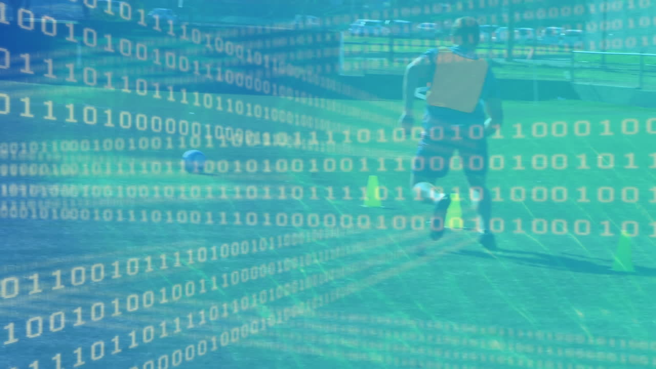 Animation of binary coding and data processing over football players