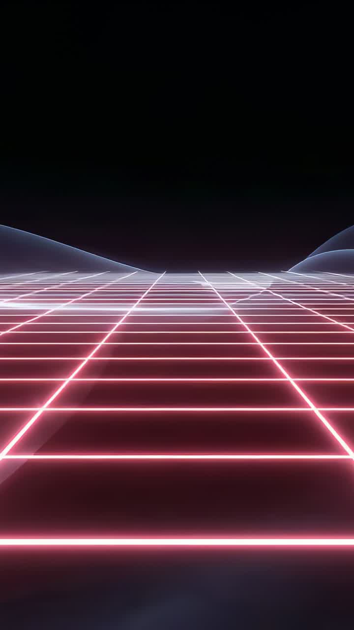 Video verticale: griglia al neon che avanza verso l'orizzonte in stile retrò, camera che si avvia, onde blu pulsanti