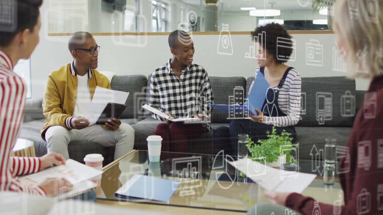 In school, diverse group discussing business ideas with animation of digital data