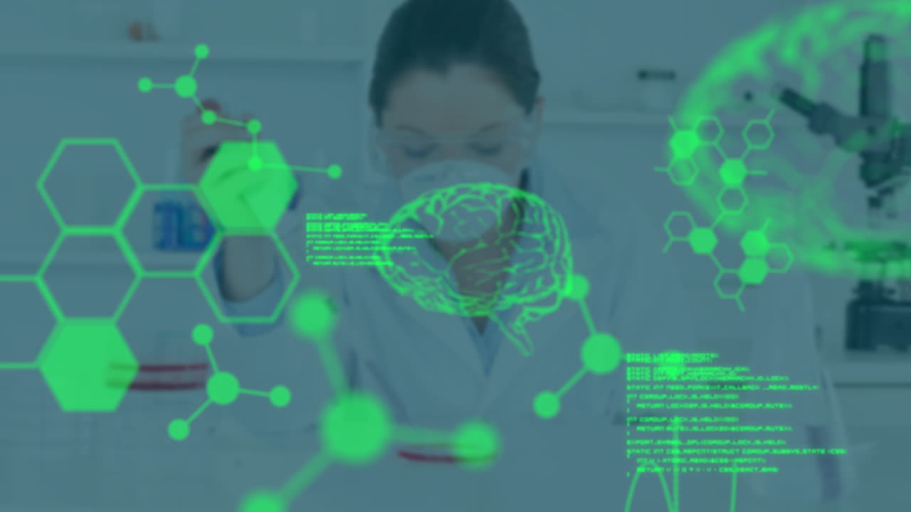 animación del procesamiento de datos y el cerebro digital sobre una científica caucásica