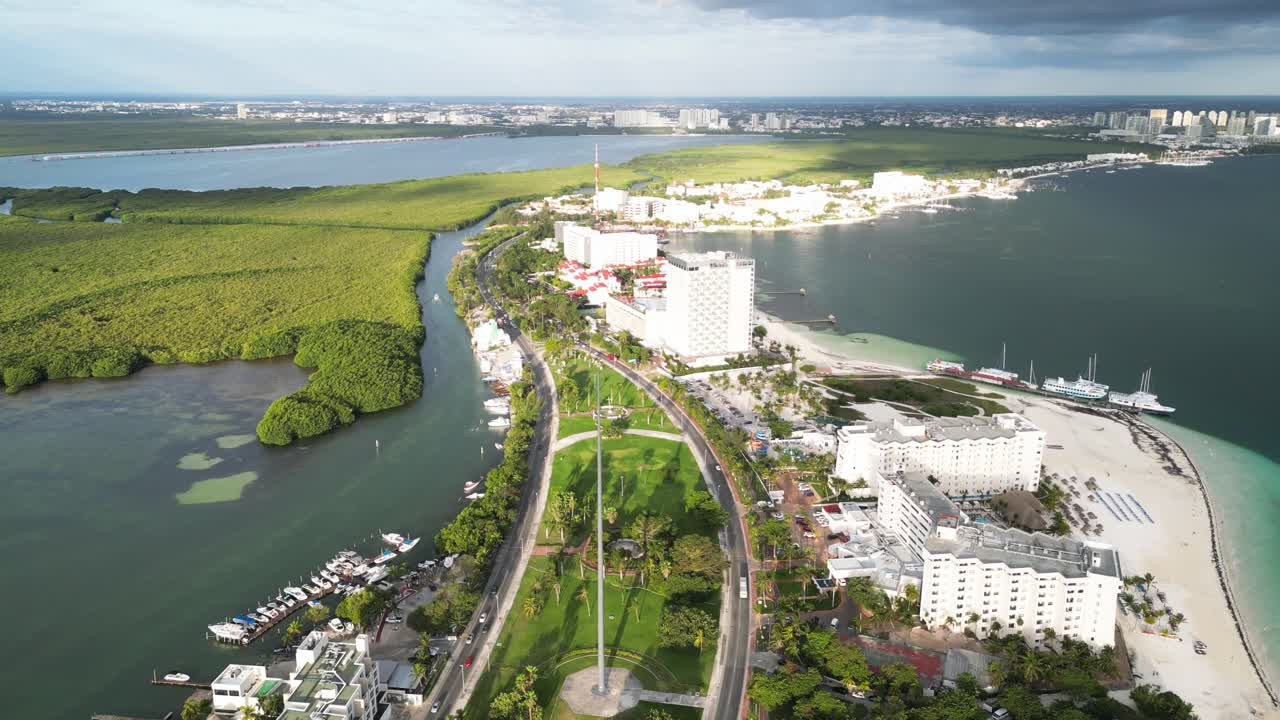 Cancun’s Hotel Zone aerial view over Playa Langosta, with Nichupté Lagoon nearby