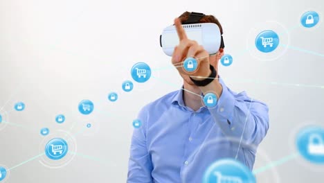 animación de la red de conexiones con iconos sobre empresario caucásico usando auriculares vr