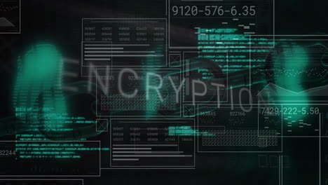 Animation-of-encryption-text-and-chain-over-data-processing-on-dark-interface-screens