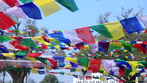 cinematic slow motion of colorful prayer flags pattern against the trees and sky in lumbini garden