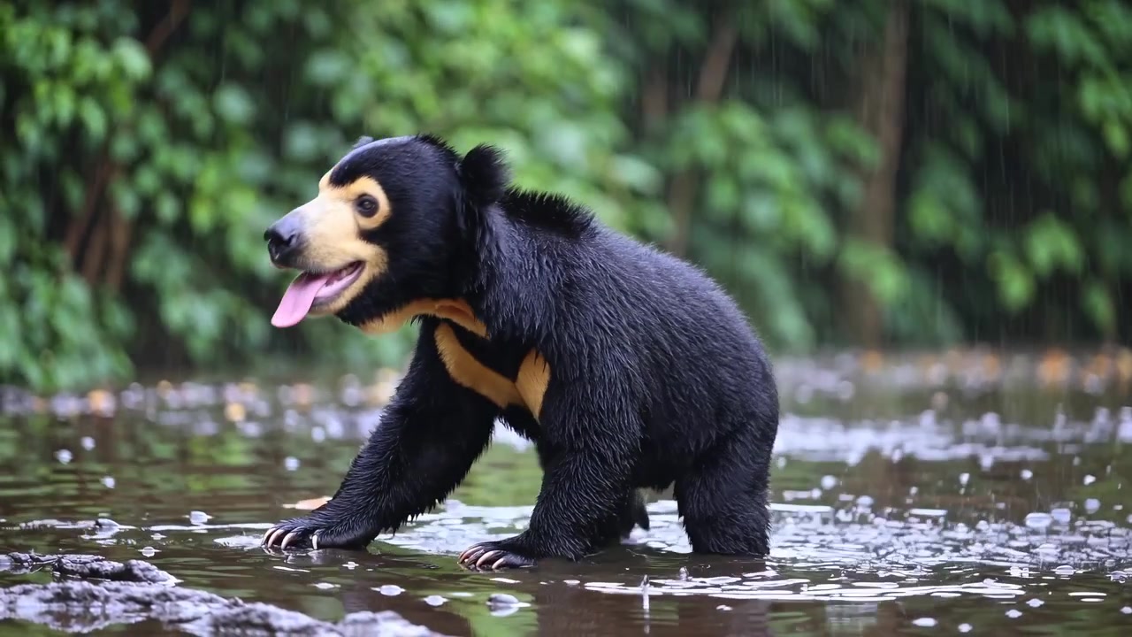 Orso malese che cammina in acqua bassa sotto la pioggia tropicale
