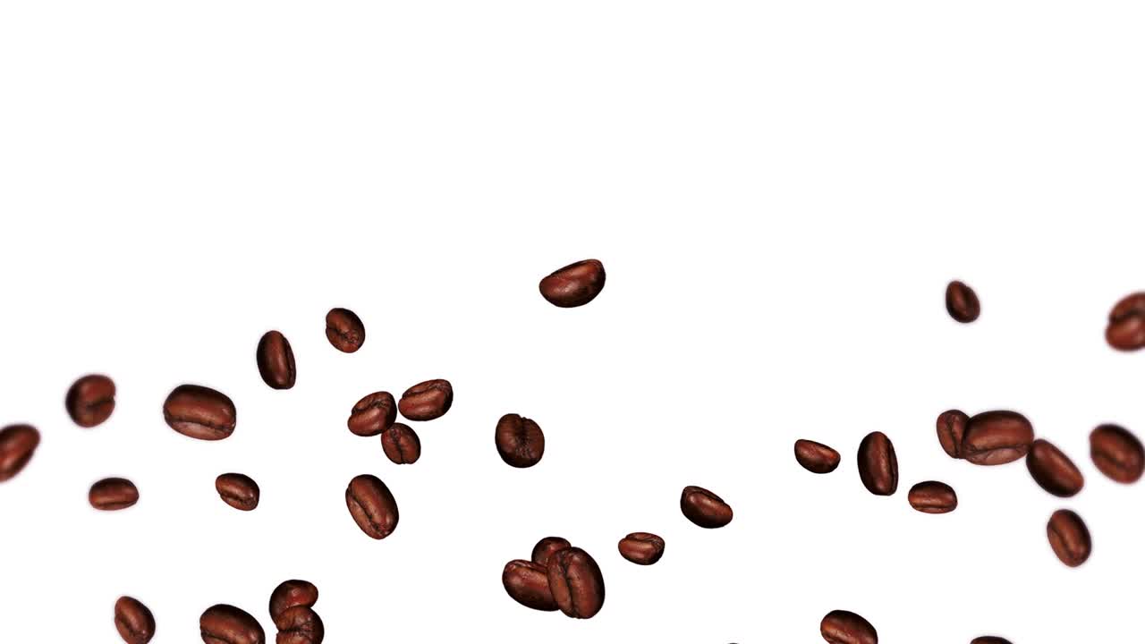 Flying many coffee beans on white background. Caffeine drink, Breakfast, Aroma. 3D animation of roasted coffee beans rotating. Loop animation.