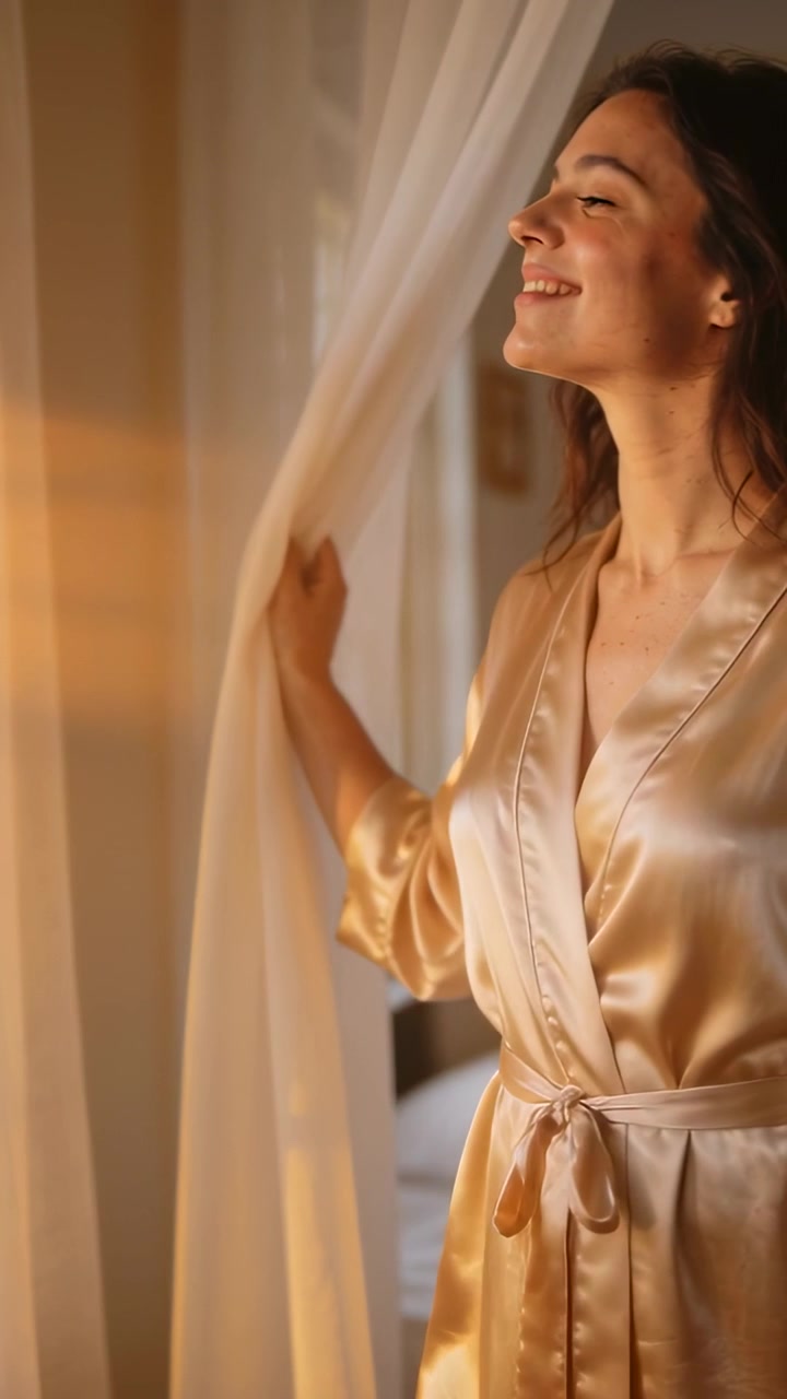 Video verticale: Donna in vestaglia dorata che apre una tenda trasparente in camera da letto, con la luce del sole che entra, spazio per il testo.
