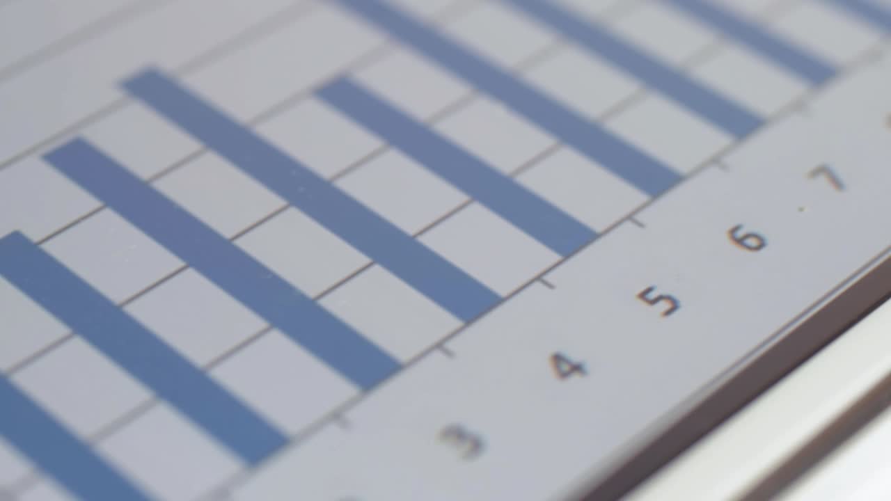 Simple blue financial bar chart graph with numbers displayed on a tablet macro shot