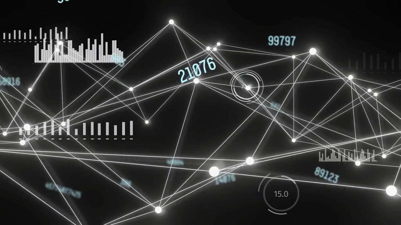 Camera panning from lower left 3D network pulsing lines shifting labels updating showing live data