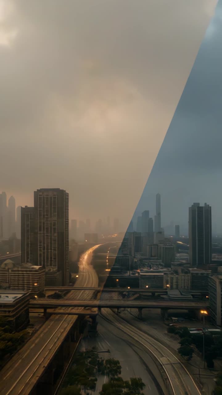 Vertical video: Sun emerging through clouds over skyscrapers, highway with streetlights flickering