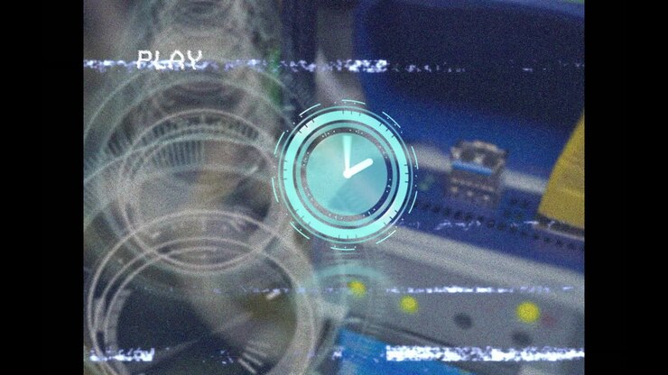 Animation of clock running with play text on digital interface with glitch effect against server