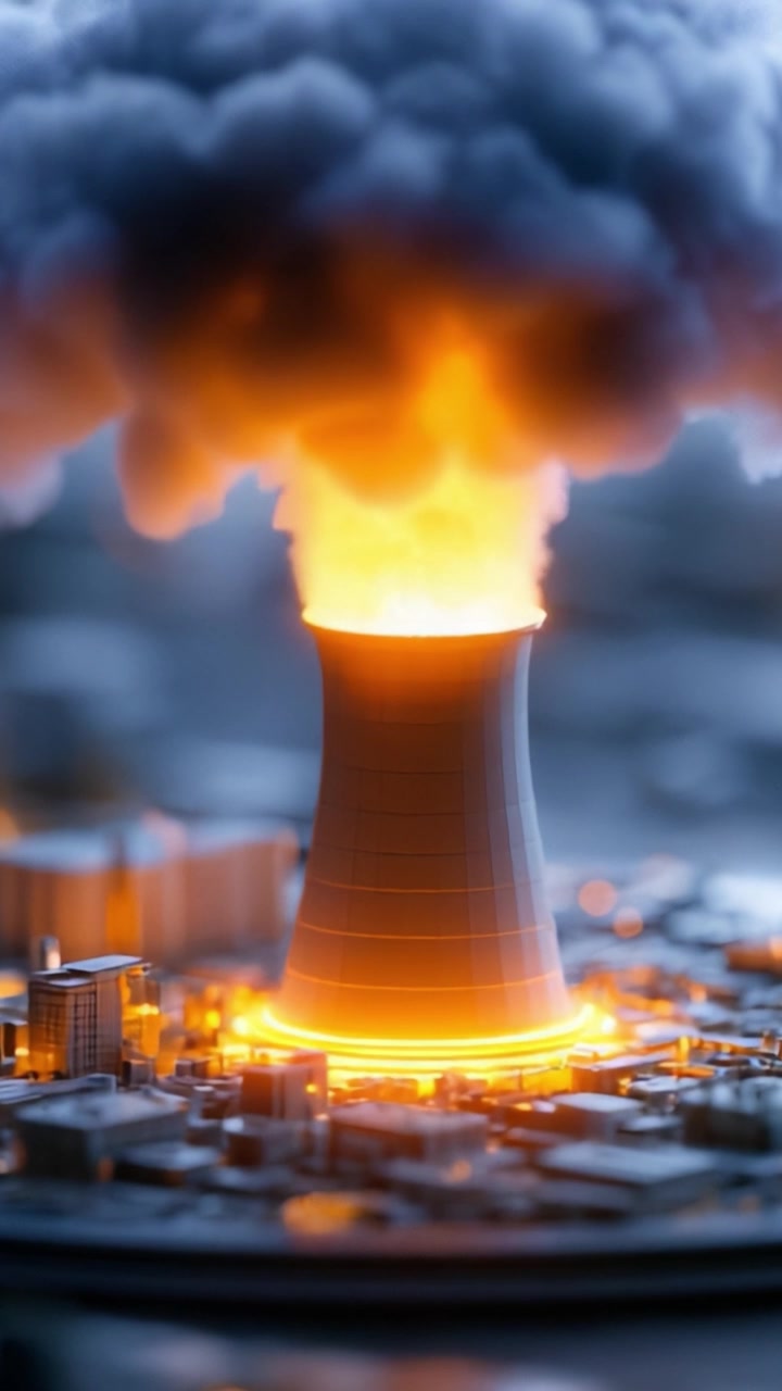 Eruzione drammatica: Una torre di raffreddamento di una centrale nucleare erutta con fiamme e fumo, illustrando uno scenario nucleare catastrofico in miniatura dettagliata