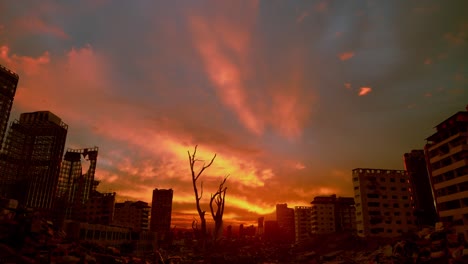 sunset over a destroyed city