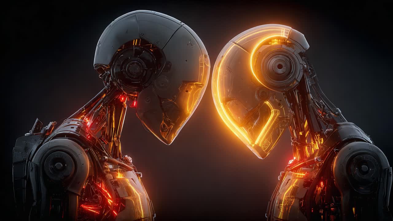 Un'interazione dinamica tra due robot futuristici, che mostra un design complesso e caratteristiche luminose, evidenziando l'essenza della tecnologia avanzata e della connessione emotiva