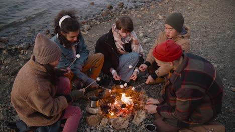 vista superior de las manos de un grupo de amigos adolescentes asando malvaviscos en la hoguera