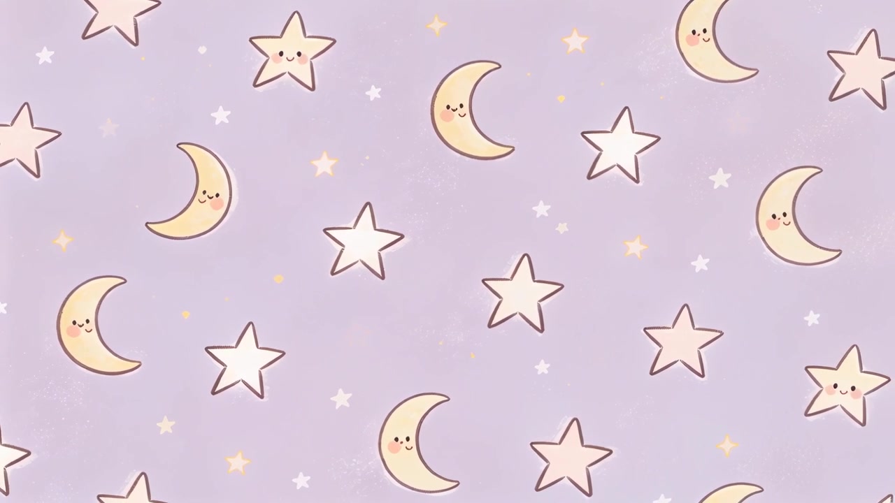 Loop starting, smiling moons and stars pattern panning left on lilac field with sparkles for decor