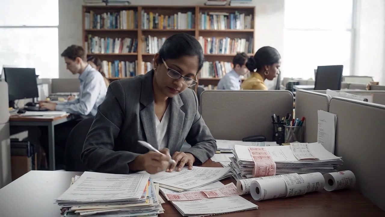 Focused Professional in an Office Setting Engaged in Administrative Tasks with Paperwork and Documents Surrounded by Colleagues in a Collaborative Environment