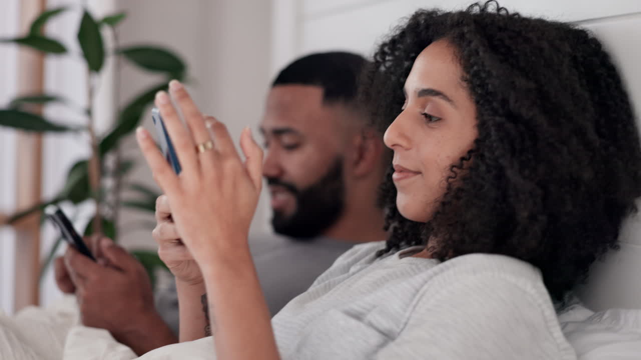 Relax, phone and couple in bed with social media