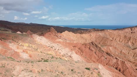 aerial panoramic dolly of the rugged terrain in fairytale canyon skazka, kyrgyzstan, showcasing its complex landscape