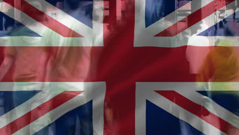 flag of the uk and people walking