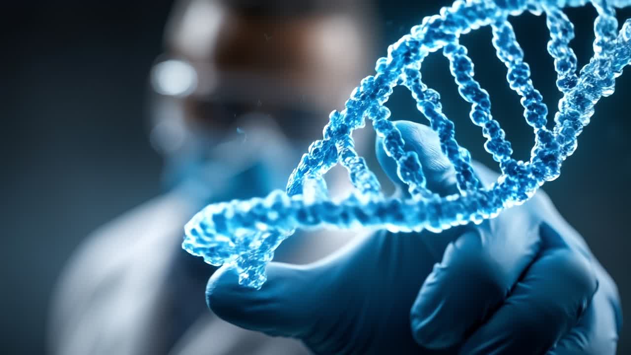 Scienziato in camice da laboratorio che osserva una struttura olografica di DNA luminosa in un laboratorio medico.