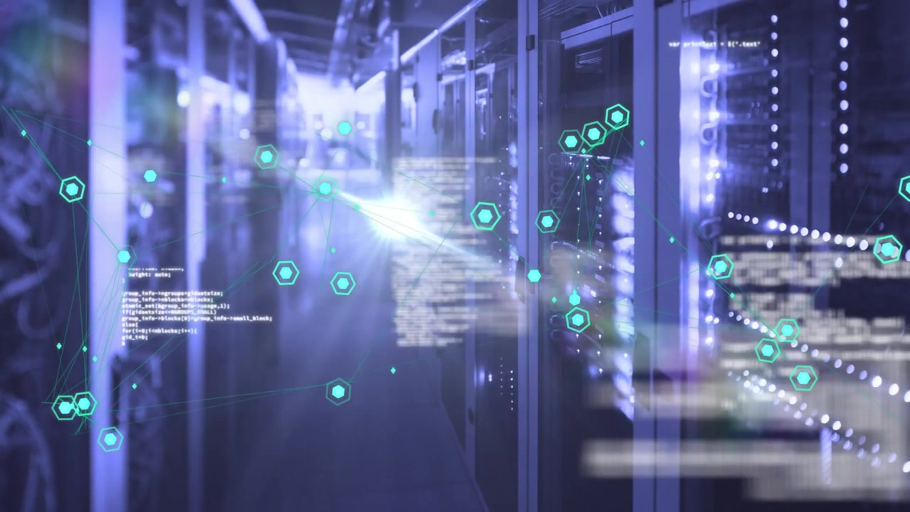 Camera dollying forward, teal nodes drifting and connecting across racks, showing network activity