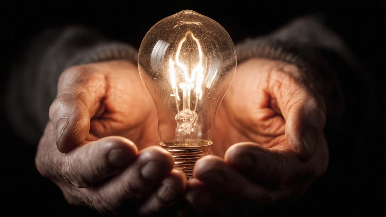 Illuminated Possibility: A Close-Up View of Gentle Hands Cradling a Radiant Light Bulb, Symbolizing Hope, Inspiration, and the Power of Ideas