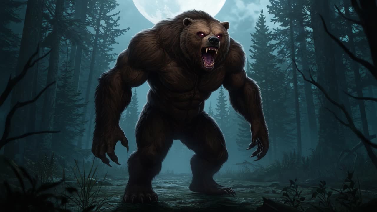 A menacing creature emerges from the shadowy woods, combining the ferocity of a bear with a monstrous form, under a dimly lit moon in an eerie forest setting