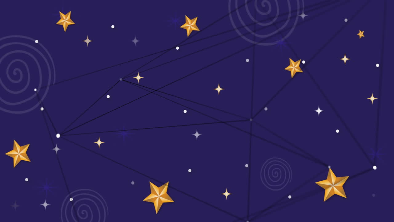 Animation of network of connections over stars and shapes on blue background