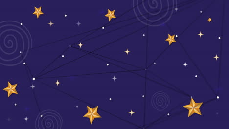 animation of network of connections over stars and shapes on blue background
