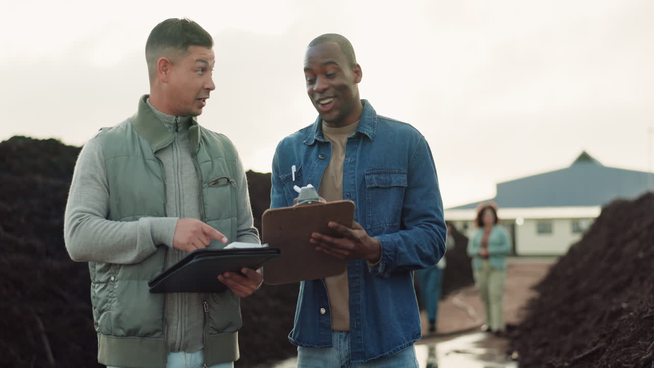Inspector, people and farmer walking on farm