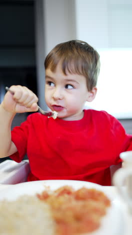 Kid wearing red t-shirt having meals. Lovely toddler blows on the spoon with food. Mom helps to pick the food from plate. Vertical video.