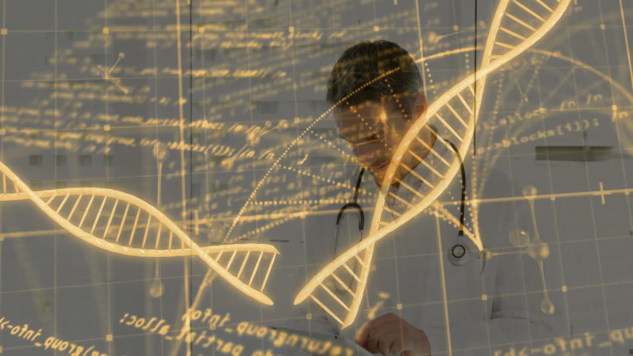 Male doctor reviewing clipboard in research lab, showing stethoscope and digital DNA helix diagrams
