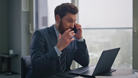 smiling manager calling smartphone cityscape office closeup. businessman talking